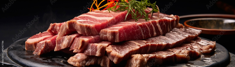 Delicious cuts of freshly cooked meat, expertly plated with vibrant herbs, perfect for culinary presentations and food photography. Delicious cuts of freshly cooked meat, expertly plated with vibrant herbs, perfect for culinary presentations and food photography.