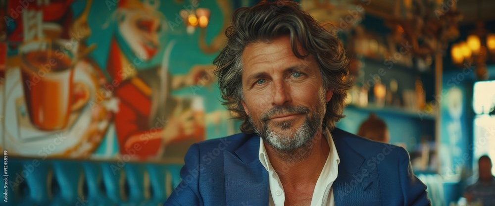 Obraz premium Stylish man with curly hair and beard in a trendy cafe, vibrant mural background, wearing a blue suit and white shirt, smiling.