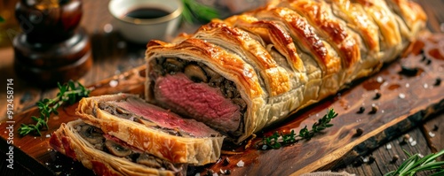 Savory beef Wellington with mushroom duxelles and puff pastry, 4K hyperrealistic photo photo