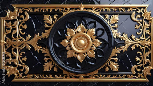 Luxury black and gold metal plate with floral ornament.