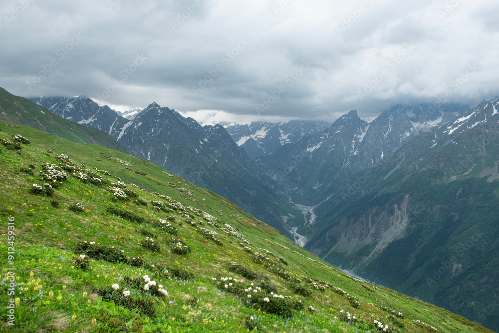 Fototapeta premium Magnificent mountains to trek in Mestia. Blooming mountain views in snowy weather in Mestia Georgia. Magnificent Mestia mountain views. Koruldi Lake trekking route.