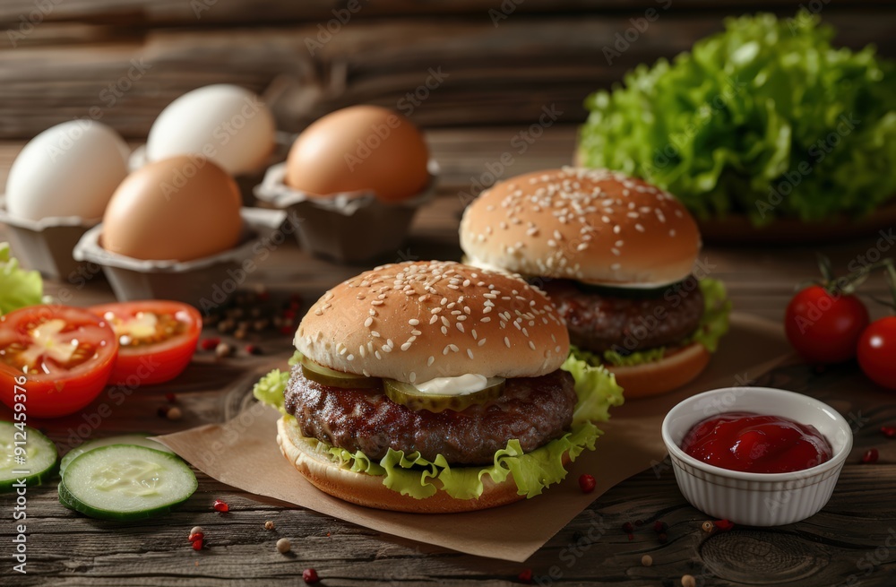 Burger ingredients on the table, with bun, lettuce and tomato slices, and cheese or brioche bread, pieces of egg, a ketchup container and mayonnaise jar, and a wooden background. Burger ingredients on the table, with bun, lettuce and tomato slices, and cheese or brioche bread, pieces of egg, a ketchup container and mayonnaise jar, and a wooden background.