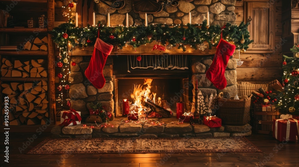 Cozy fireplace ambiance with stockings, garlands, and lights, creating a warm and inviting scene Cozy fireplace ambiance with stockings, garlands, and lights, creating a warm and inviting scene