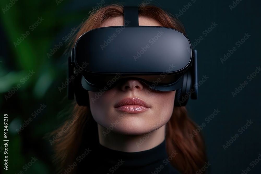 A woman experiences virtual reality with a sleek headset, immersed in a digital world, surrounded by greenery and moody lighting. A woman experiences virtual reality with a sleek headset, immersed in a digital world, surrounded by greenery and moody lighting.