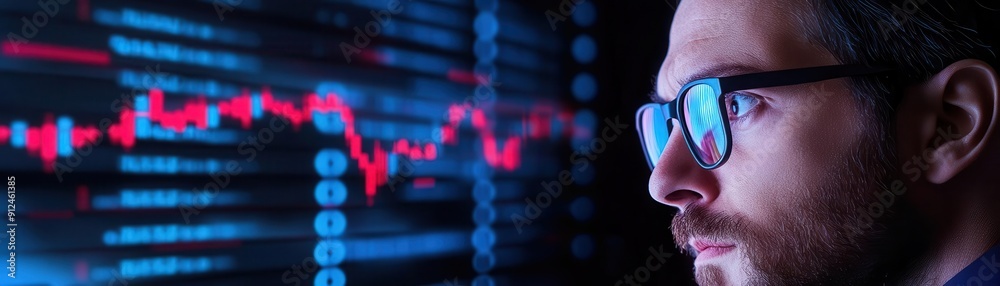 Businessman analyzing stock market trends with digital data visualization in background, showcasing finance and technology integration. Businessman analyzing stock market trends with digital data visualization in background, showcasing finance and technology integration.