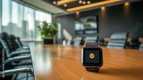 Wallpaper Mural Wide-angle Shot of a Smartwatch Displaying a Calendar in a Modern Conference Room, Business Technology Torontodigital.ca