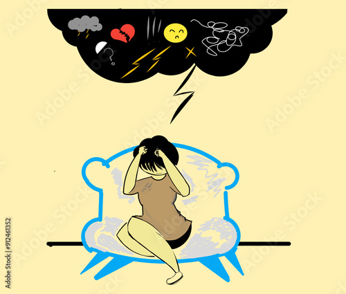 Illustration design of a woman sitting on a sofa with inner pressure holding and grabbing her own hair