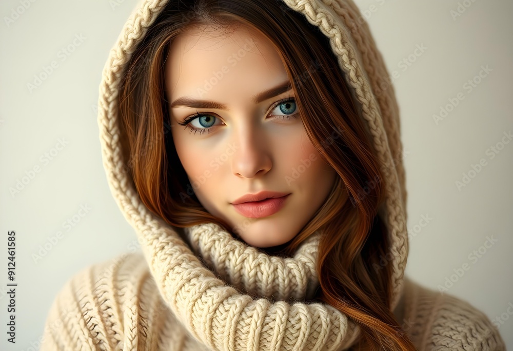 Portrait of a Young Woman in a Cozy Knitted Hood