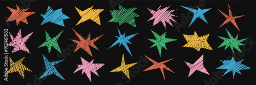 Set of abstract drawing textured shape. Retro spiked circle stickers. Bursting explosion star. Vector for sale labels