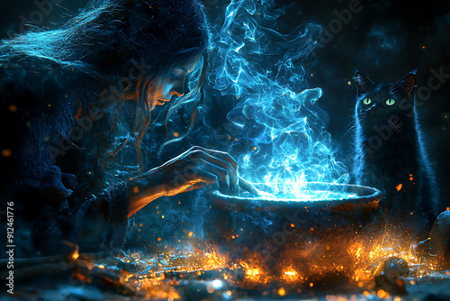 A witch's hand stirs a bubbling potion in a cauldron as a black cat watches, surrounded by magical ingredients.
 photo