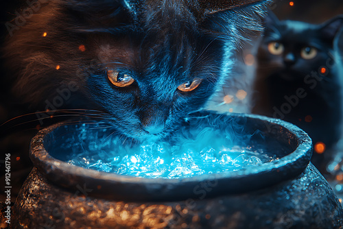 A witch's hand stirs a bubbling potion in a cauldron as a black cat watches, surrounded by magical ingredients.
 photo