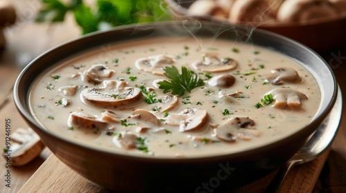 Creamy mushroom soup with fresh parsley garnish in realistic photo, perfect for a delightful meal