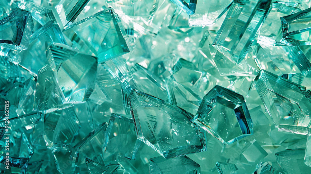 A chaotic yet harmonious abstract design of shattered glass pieces in various shades of blue and green, with light refracting through the fragments. A chaotic yet harmonious abstract design of shattered glass pieces in various shades of blue and green, with light refracting through the fragments.