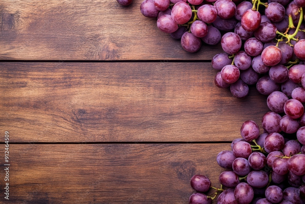 top view of wooden table grape fruit composition, one color background and copy space with generative ai top view of wooden table grape fruit composition, one color background and copy space with generative ai