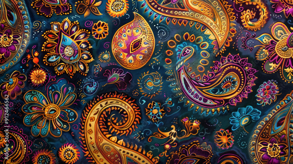A nostalgic wallpaper design of classic paisley patterns in rich jewel tones, reminiscent of the bohemian styles popular in the 1960s and 1970s. A nostalgic wallpaper design of classic paisley patterns in rich jewel tones, reminiscent of the bohemian styles popular in the 1960s and 1970s.