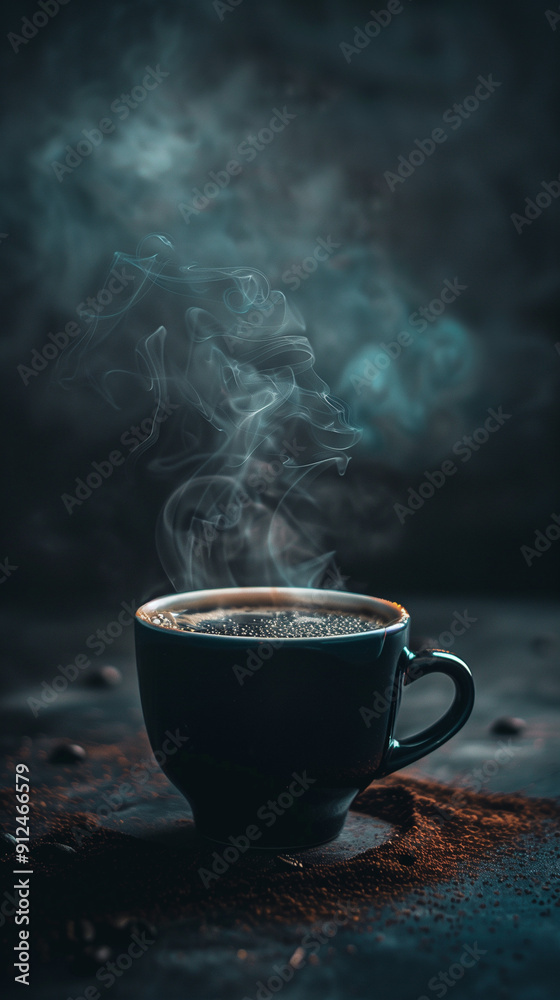 Steaming Hot Coffee Cup Against Dark Moody Background Steaming Hot Coffee Cup Against Dark Moody Background