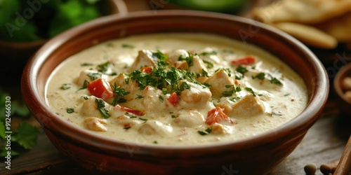 A warm bowl of chicken and vegetable soup