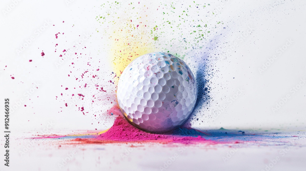 golf ball with colourful powder explosion on white background golf ball with colourful powder explosion on white background