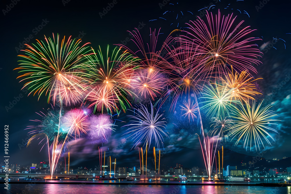 Fireworks over city skyline during night, New Years Eve celebration, Illuminated Sky at night Fireworks over city skyline during night, New Years Eve celebration, Illuminated Sky at night