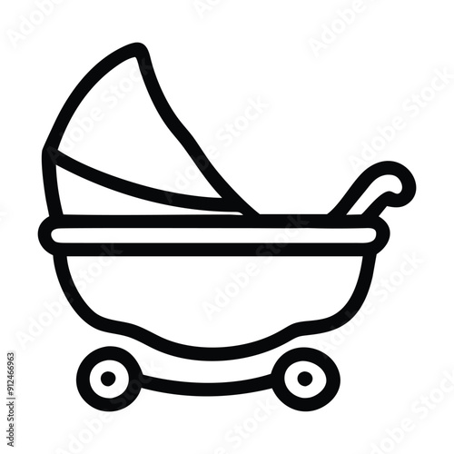 Black and white line drawing of a baby stroller. Vector illustration