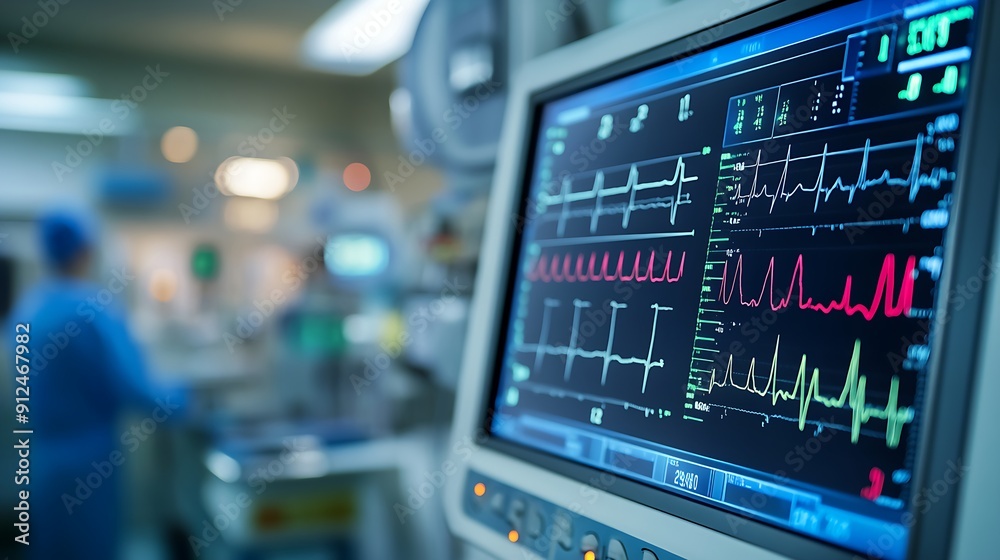 Modern medical monitor displaying vital signs with glowing EKG waveforms Modern medical monitor displaying vital signs with glowing EKG waveforms