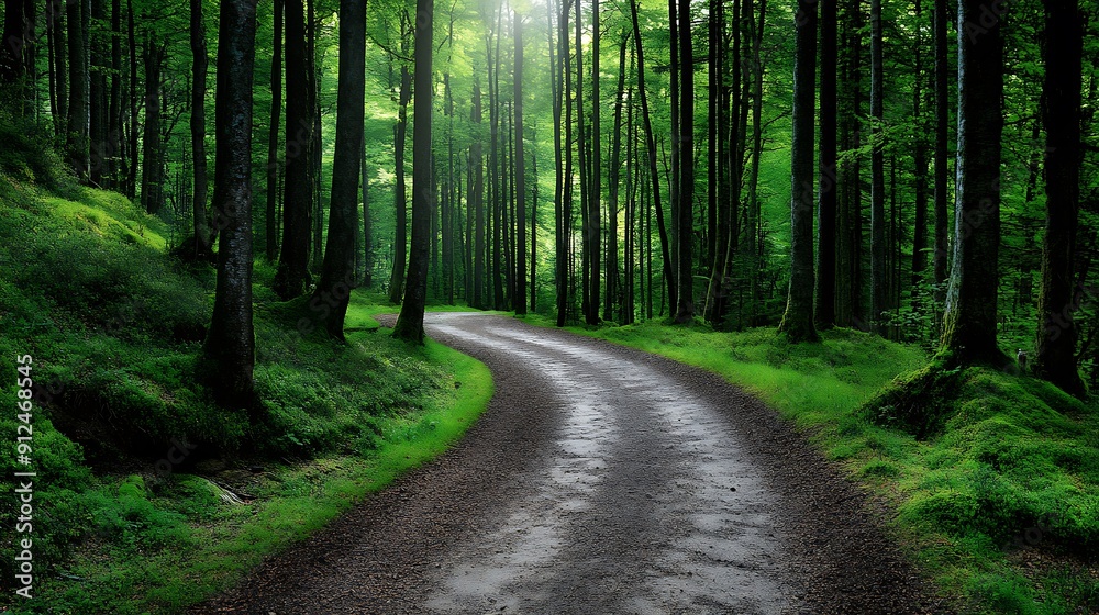 Obraz premium Sunlit forest path with dappled light through trees, ideal for adventure themes, more clarity with clear light and sharp focus, high detailed