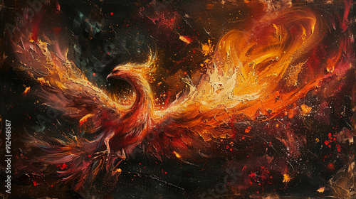 A striking spray painting of a phoenix rising from flames, with fiery oranges, reds, and yellows blending seamlessly into the birda??s form, set against a dark, smoky background. photo