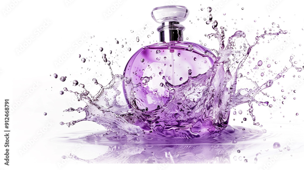 purple water splash with perfume bottle isolated on white background purple water splash with perfume bottle isolated on white background