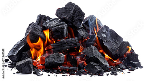 red-hot barbecue charcoal on fire isolated on white background
