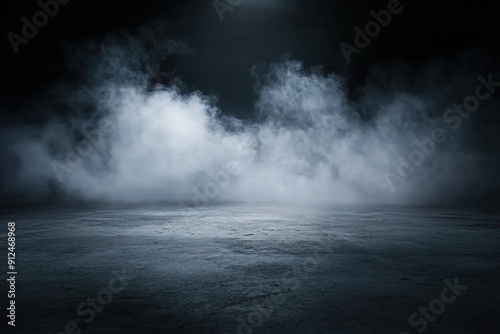 Dark background, concrete floor with smoke and fog, spotlights on the ground, space for product presentation, mockup