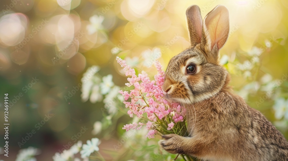 Fototapeta premium A rabbit holding a bouquet of flowers illustrating the freshness of a new fragrance