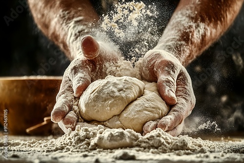 Skilled hands kneading dough with burst of flour in rustic kitchen