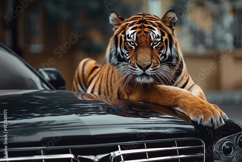 A tiger relaxing on a luxury cars hood showcasing the power and elegance of the vehicle photo