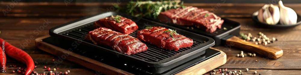 Electric grill with meat and seasonings on cutting board Electric stove in contemporary kitchen Electric grill with meat and seasonings on cutting board Electric stove in contemporary kitchen
