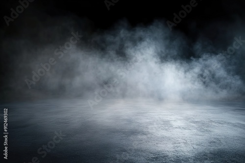 Dark background, concrete floor with smoke and fog, spotlights on the ground, space for product presentation, mockup