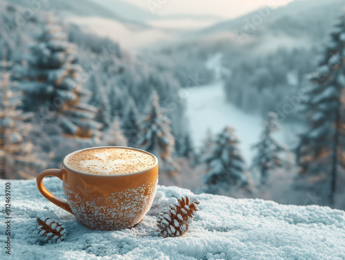 Cozy Coffee Cup On Snowy Winter Landscape photo