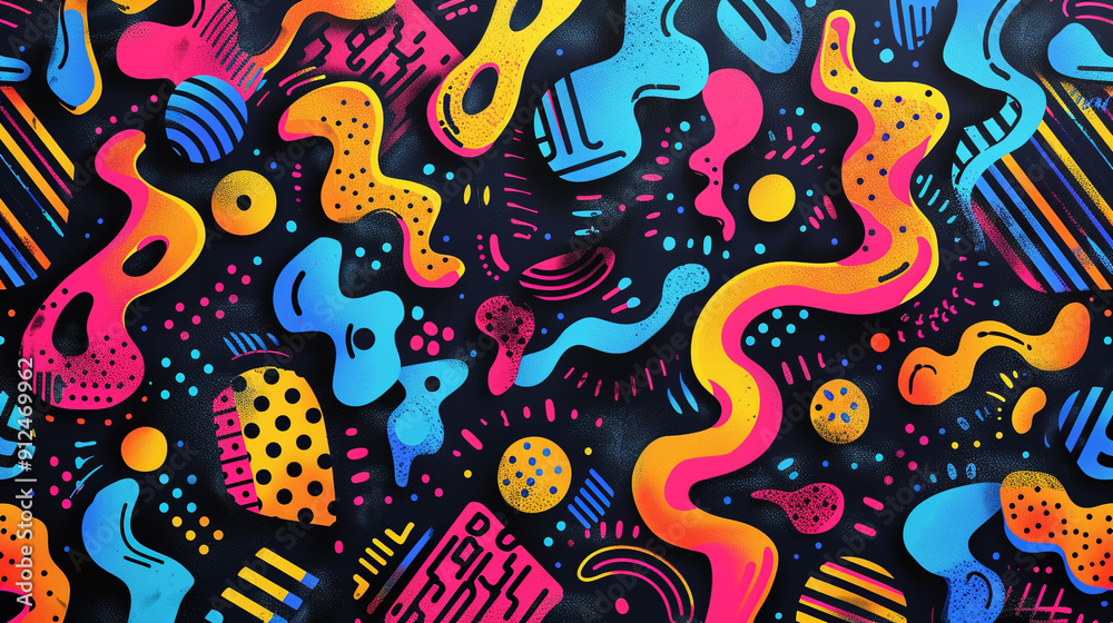 A vibrant retro wallpaper featuring a pattern of irregular, organic shapes in bright neon colors, arranged in a seemingly random yet balanced composition that nods to the 1980s Memphis design style. A vibrant retro wallpaper featuring a pattern of irregular, organic shapes in bright neon colors, arranged in a seemingly random yet balanced composition that nods to the 1980s Memphis design style.
