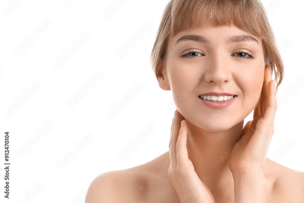 Beautiful young woman on white background, closeup Beautiful young woman on white background, closeup