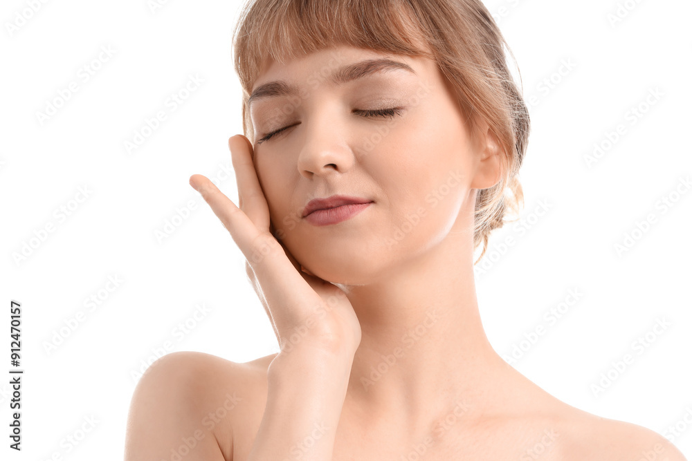 Beautiful young woman on white background, closeup Beautiful young woman on white background, closeup
