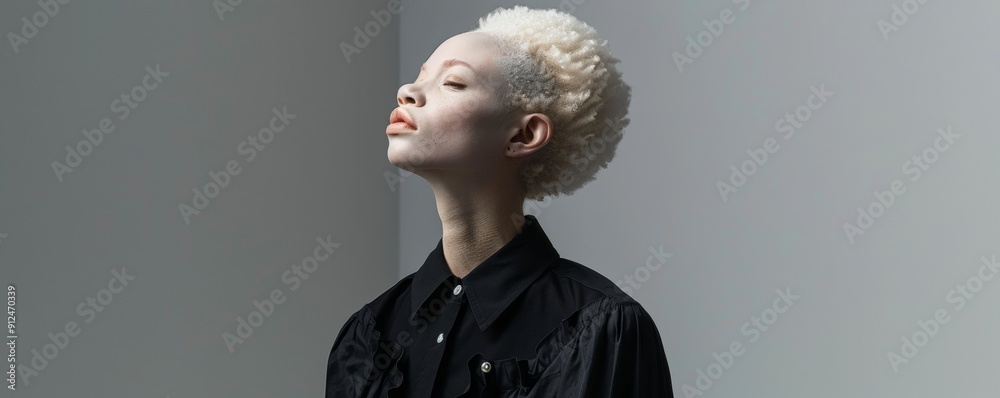 A young African-American albino woman poses for a portrait in a bright ...