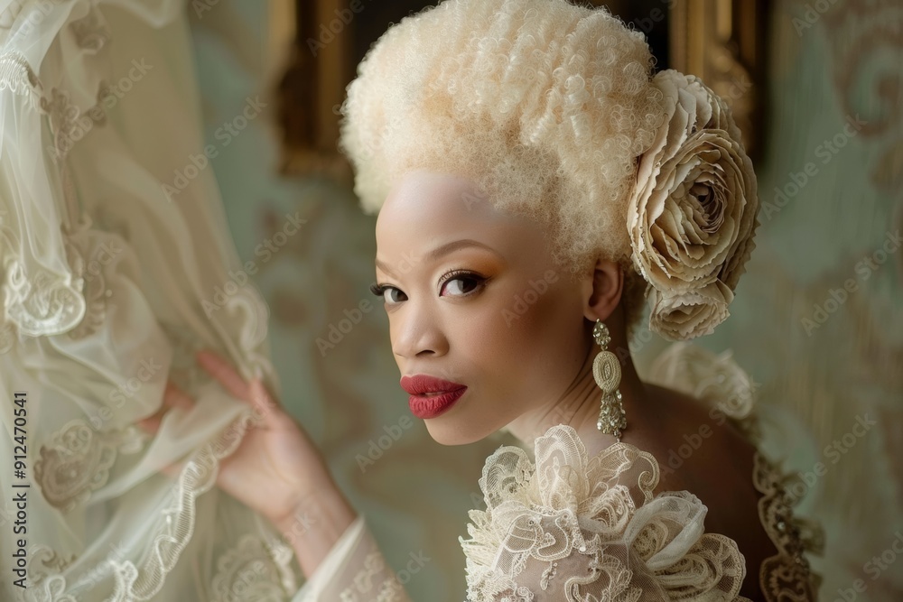 An albino African American woman radiating elegance and unique beauty, highlighting the richness of diversity and melanin-infused grace An albino African American woman radiating elegance and unique beauty, highlighting the richness of diversity and melanin-infused grace