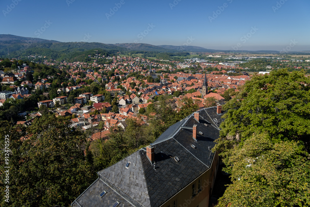 The beautiful fairytale Wernigerode and its picturesque colorful half-timbered houses. Medieval street with half-timbered houses.