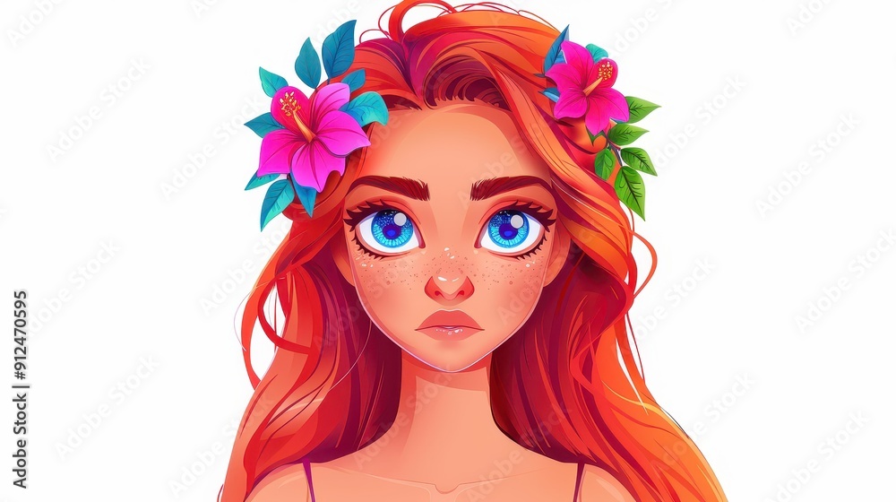 Obraz premium A whimsical 3D illustration of a redhaired girl with bright blue eyes, lost in thought among flowers and leaves.