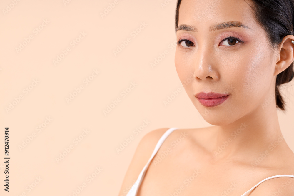 Beautiful Asian woman on beige background, closeup Beautiful Asian woman on beige background, closeup