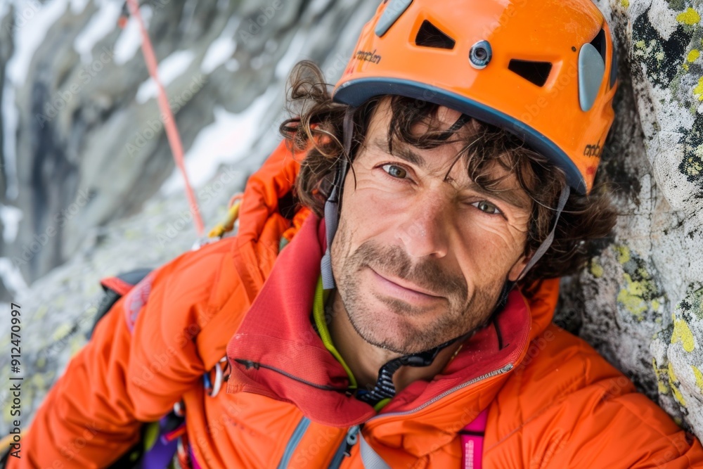 Smiling Climber Resting on Mountain Peak, Wearing Orange Jacket and Helmet, Close Up Portrait Smiling Climber Resting on Mountain Peak, Wearing Orange Jacket and Helmet, Close Up Portrait