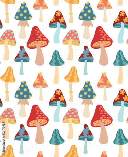 Seamless pattern with retro psychedelic groovy mushrooms. Vector colorful background with hippie and funky elements.	