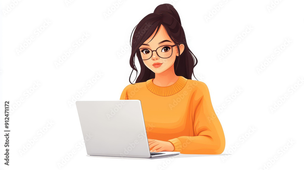 A vibrant flat vector of a cheerful young woman in an orange sweater, focused on her laptop, showcasing a modern IT environment. A vibrant flat vector of a cheerful young woman in an orange sweater, focused on her laptop, showcasing a modern IT environment.