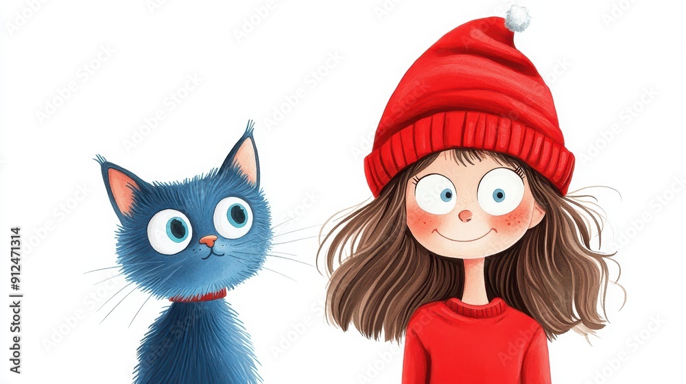 A charming watercolor scene featuring a girl and her cat, both adorned with festive Christmas hats, radiating joy. A charming watercolor scene featuring a girl and her cat, both adorned with festive Christmas hats, radiating joy.