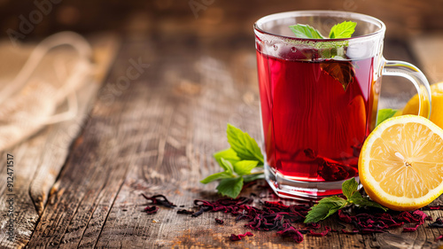 A refreshing hibiscus tea in a transparent glass container on a wooden table