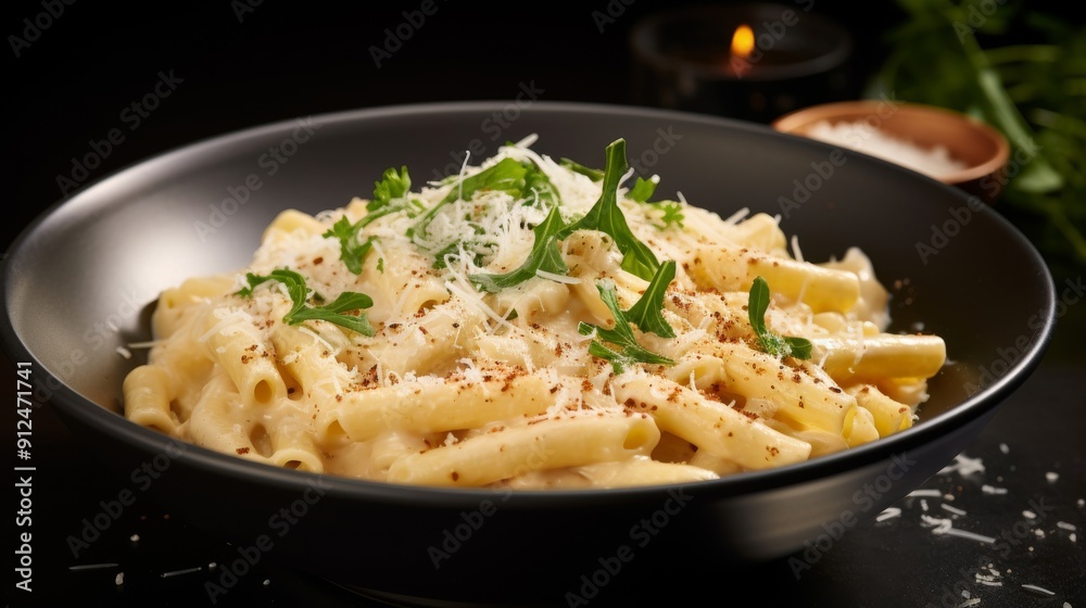 Bowl of pasta topped with creamy Alfredo and Parmesan Bowl of pasta topped with creamy Alfredo and Parmesan